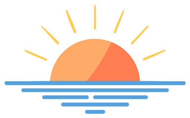 Sunrise over water illustration with bright sun and ocean waves