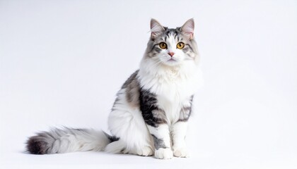 Maine Coon cat with fluffy coat and bushy tail sitting on white background.