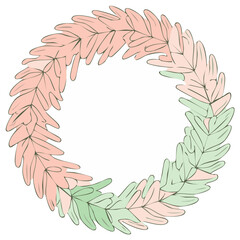 Gentle Pastel Pink and Green Leaf Wreath, Stylized Botanical Circle Frame Illustration