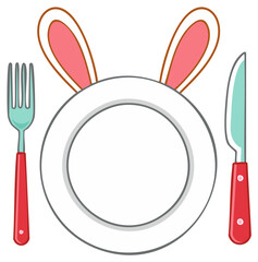 Festive Easter bunny ear themed plate setting with fork and knife dinnerware