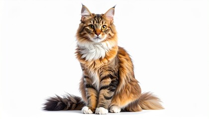 Maine Coon cat with fluffy coat and bushy tail sitting on white background.