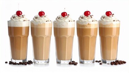 Five iced coffee glasses topped with whipped cream and cocoa, lined on white background.