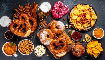 Festive snack spread with pretzels, dips, donut, and beer on dark surface.