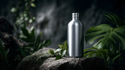 Brushed metal bottle stands on a mossy stone among dark jungle foliage