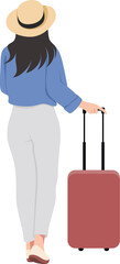 Woman traveler in casual clothes and hat walking with suitcase view from the back