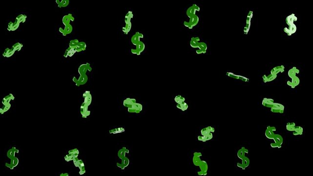 3D Golden dollar falling on transparent background. Full HD. 4K