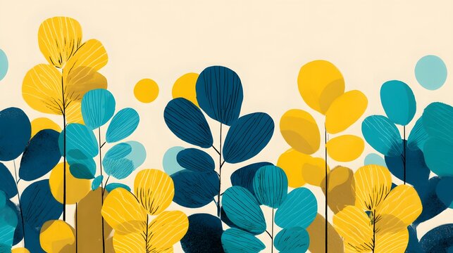 Stylized abstract foliage features vibrant yellow and deep blue shapes against a light background - Powered by Adobe