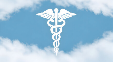 Obraz premium Serene medical symbol floating amidst calming blue skies and fluffy clouds, conveying hope, healing, and a bright future for healthcare initiatives
