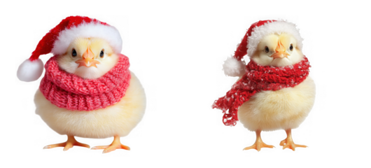 Two cute baby chicks wearing santa hats and red scarves, isolated on transparent background