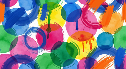 Vibrant watercolor paint circles and brushstrokes blend into a cheerful colorful pattern