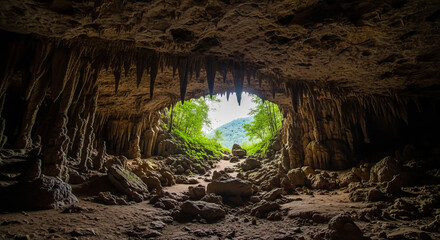A picturesque view of the exit from a dark large cave into open terrain.