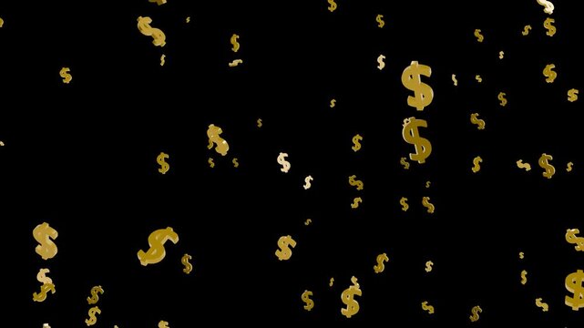 3D Golden dollar falling on transparent background. Full HD. 4K