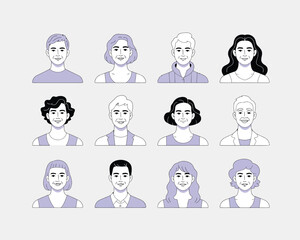 Vector illustration of assortment of peoples portraits in a grid, featuring various ages, genders, and ethnicities with simple line art style and purple accents
