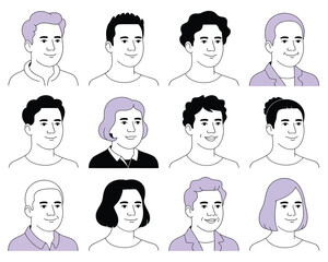 Vector illustration of diverse group of people with varied hairstyles and clothing, illustrated in a simple line art style