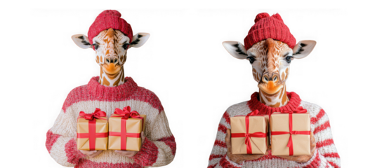 Two giraffes wearing knitted hats and sweaters, holding gift boxes, isolated on transparent background