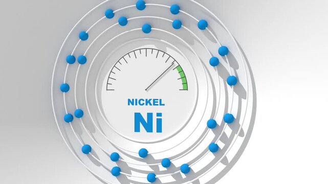 Nickel level abstract scale. Value measuring. Nuclear science concept. Atom structure with electron orbits and electrons.