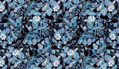 Dark floral pattern with blue and white hues