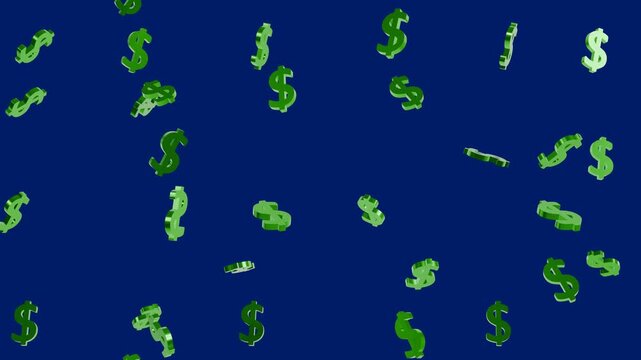 3D Golden dollar falling on blue background. Full HD. 4K