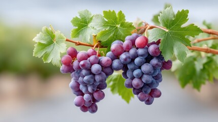 Fototapeta premium Close up of ripe dark purple grapes with water droplets hanging from a vine with green leaves blurred background soft lighting