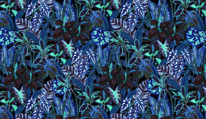 Abstract blue and green floral pattern with dark accents