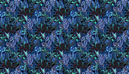 Abstract blue and green textured pattern with dark accents