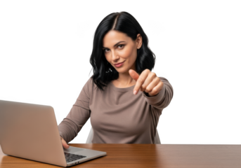 Professional woman pointing down at laptop, businesswoman working, isolated image for design projects, isolated on transparent background