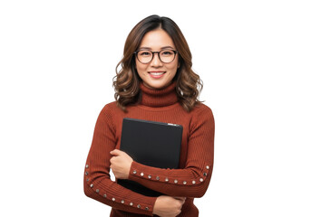 Smiling asian woman with glasses holding laptop - stock photo downloadable image for commercial use and design projects isolated on transparent background