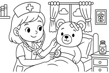 Nurse Examining Injured Teddy Bear in Hospital Bed with Stethoscope and Medicine Bottle