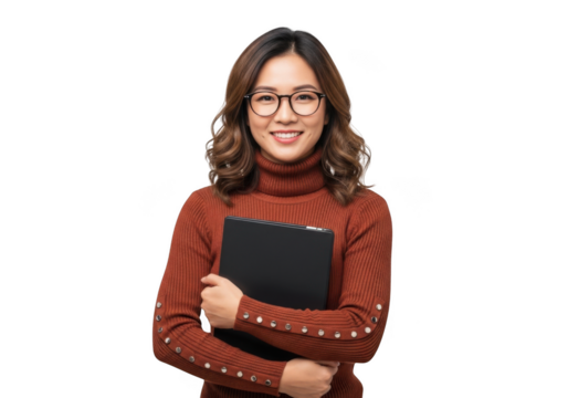 Smiling asian woman with glasses holding laptop - stock photo downloadable image for commercial use and design projects isolated on transparent background
