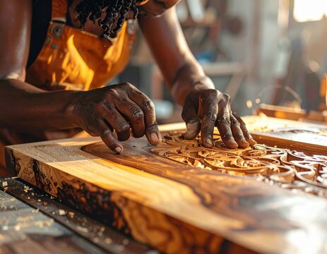 Wood Carving Art African American Woman Craftsman at Work