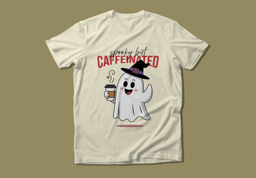 Halloween Coffee Ghost Tshirt Mockup with Cute Spooky Caffeinated Design