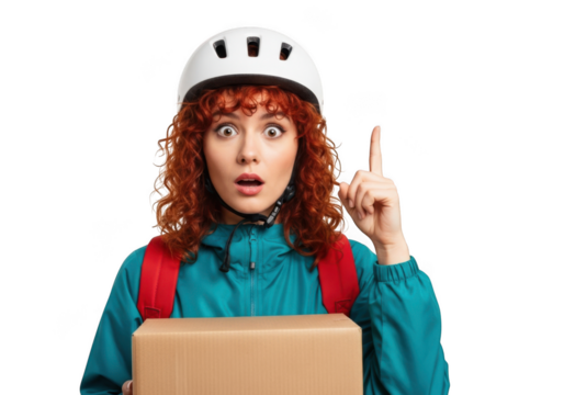 Surprised delivery woman with red curly hair wearing helmet holding box pointing upward png image isolated on transparent background