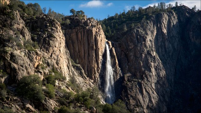 Tall waterfall cascades down sheer rocky cliffs under a bright blue sky