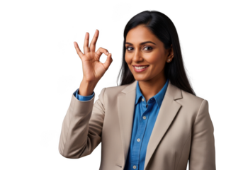 Smiling indian businesswoman making ok sign, positive gesture, approval, agreement, isolated on transparent background