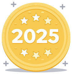 Golden Coin Symbolizing the Year 2025 Decorated with Stars and Plus Signs, Representing Hope and Optimism