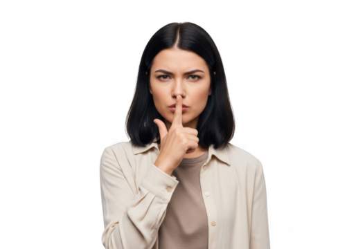 Attractive woman shushing silence gesture secret confidentiality quiet hush expression isolated on transparent background