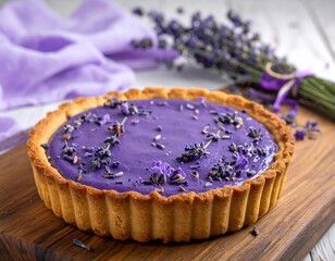 Lavender tart on wooden board