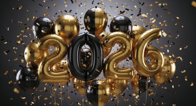 Celebrate 2026 with festive gold and black balloons and confetti, perfect for New Year's Eve parties or milestone birthdays, creating a celebratory vibe