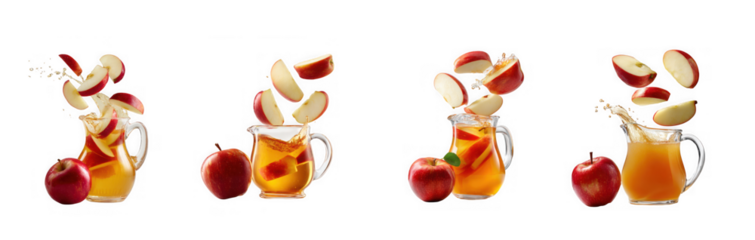 Four glass pitchers filled with apple cider and splashing apple slices, isolated on transparent background