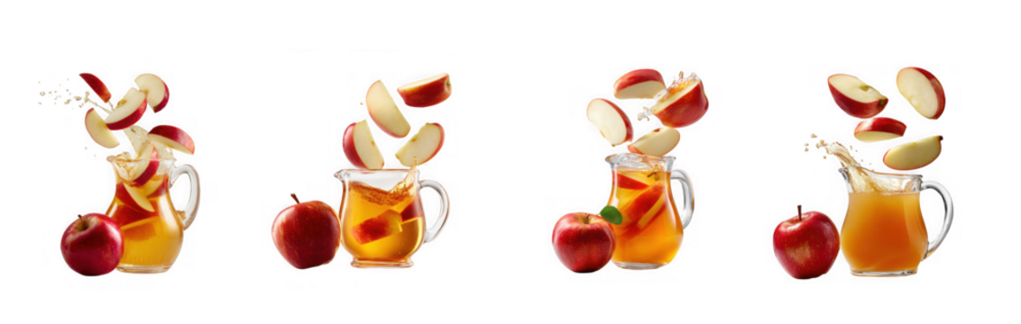 Four glass pitchers filled with apple cider and splashing apple slices, isolated on transparent background
