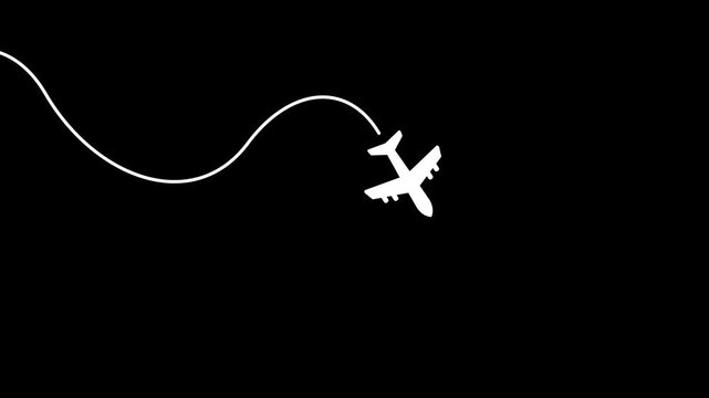 Animation of airplane traveling with a path on transparent background, alpha channel. Full HD. 4K