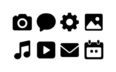 Set of black user interface icons including camera, chat bubble, gear, image, music note, play button, envelope, and calendar. Flat icon style