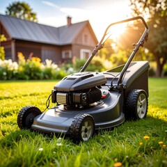 Lawn mower in a garden at sunset