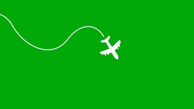 Animation of airplane traveling with a path on green background. Full HD. 4K