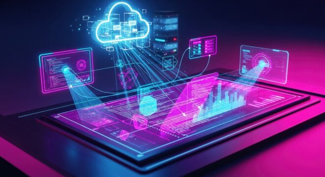 Modern cloud computing interface with vibrant neon glow for digital businesses - Powered by Adobe