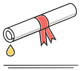 Rolled Diploma with Red Ribbon and Dripping Ink Drop