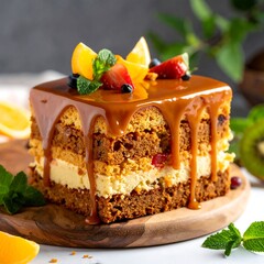 Layered caramel cake with fruit