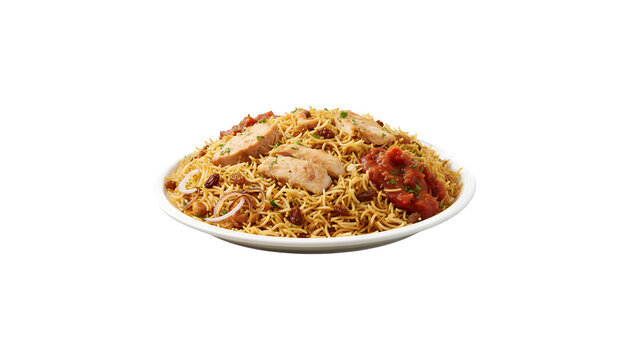 Machboos Hamour, also known as Hamour biryani, comes with tomato sauce and salad, all served on a plate against a wooden table backdrop, showcasing a side view of fast food.
