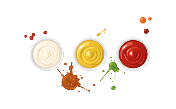 Mayonnaise, mustard, and tomato ketchup. Sauces in bottles and bowls. Different hot spice sauces splattered in strips, drops, and spots. Vector illustration