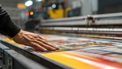 A person's hand rests on a printed sheet, showcasing a printing process with vibrant colors and detail.